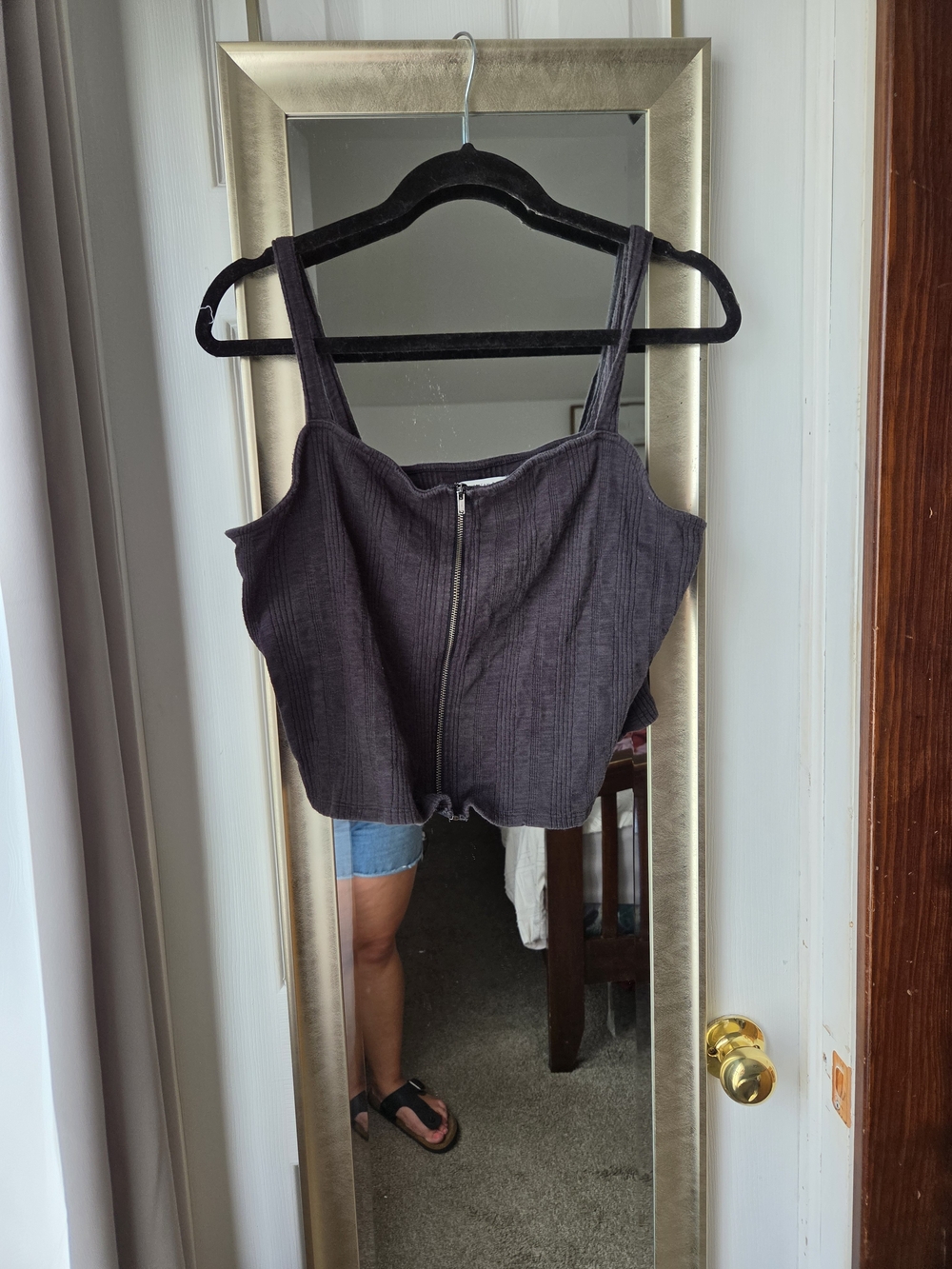 American Eagle Outfitters Charcoal Ribbed Zip-Front Crop Top